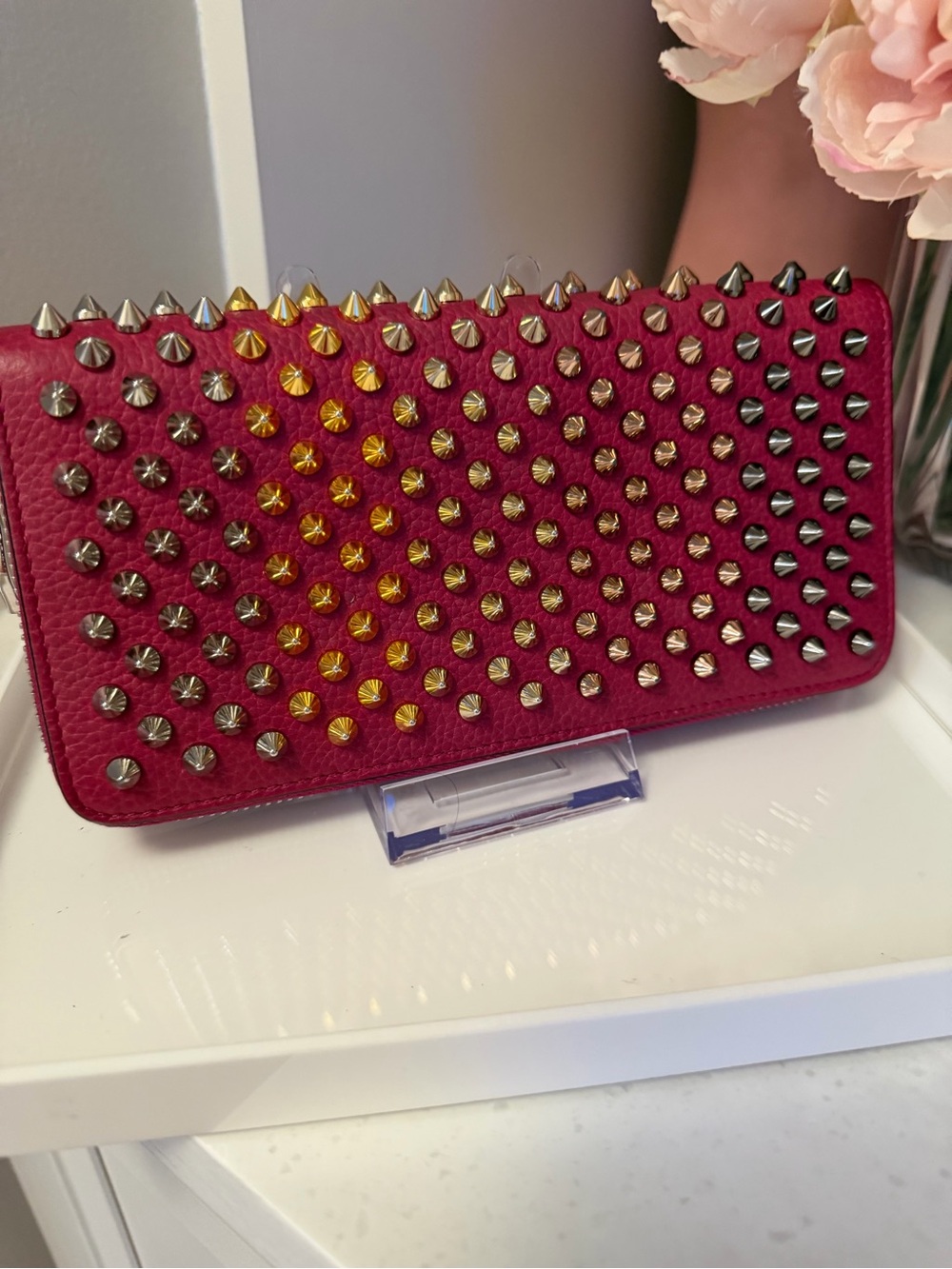 Christian Louboutin Rose Colored Panettone ziparound Studded Leather Wallet